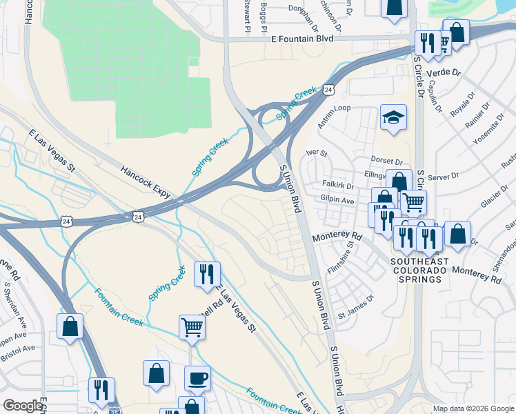 map of restaurants, bars, coffee shops, grocery stores, and more near 1473 Grand Overlook Street in Colorado Springs