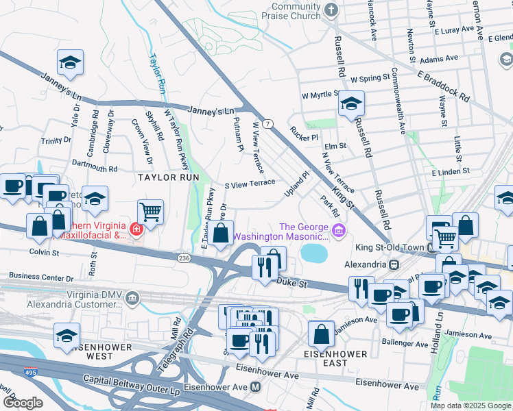 map of restaurants, bars, coffee shops, grocery stores, and more near 711 Upland Place in Alexandria