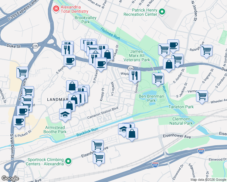 map of restaurants, bars, coffee shops, grocery stores, and more near 176 Martin Lane in Alexandria