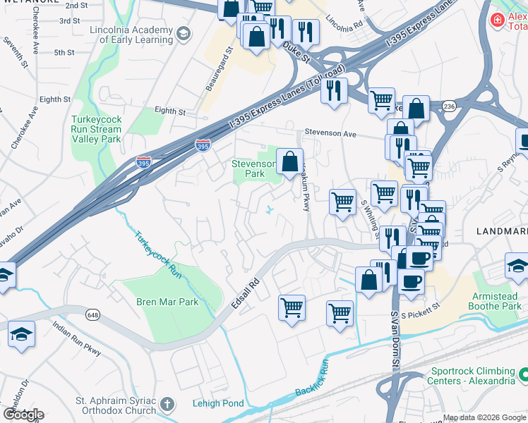 map of restaurants, bars, coffee shops, grocery stores, and more near 307 Yoakum Parkway in Alexandria