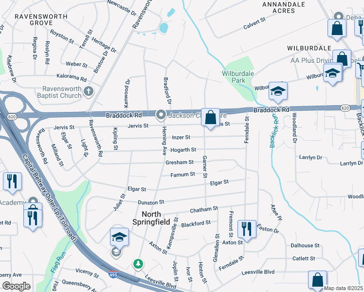 map of restaurants, bars, coffee shops, grocery stores, and more near 7412 Hogarth Street in Springfield
