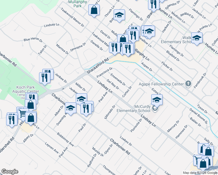 map of restaurants, bars, coffee shops, grocery stores, and more near 1320 Del Rey Drive in Florissant