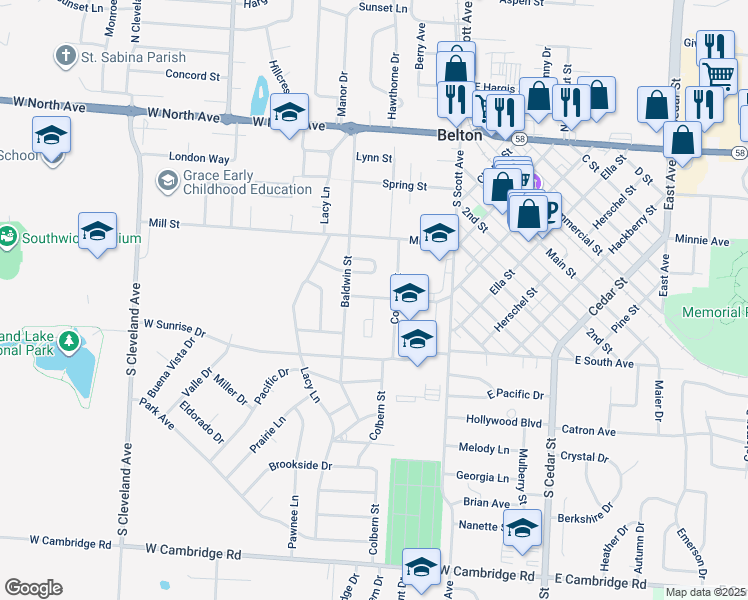 map of restaurants, bars, coffee shops, grocery stores, and more near 210 West Walnut Street in Belton