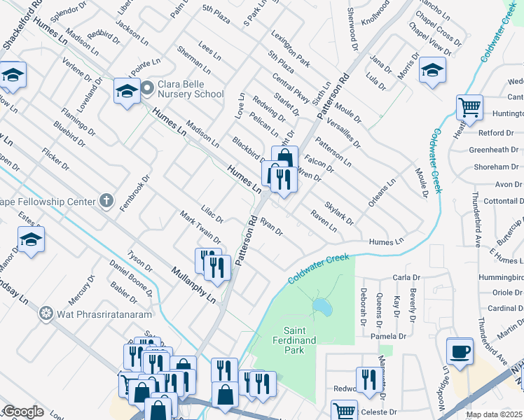 map of restaurants, bars, coffee shops, grocery stores, and more near 1930 Patterson Road in Florissant