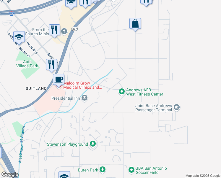 map of restaurants, bars, coffee shops, grocery stores, and more near California Ave & Arkansas Ave in Joint Base Andrews