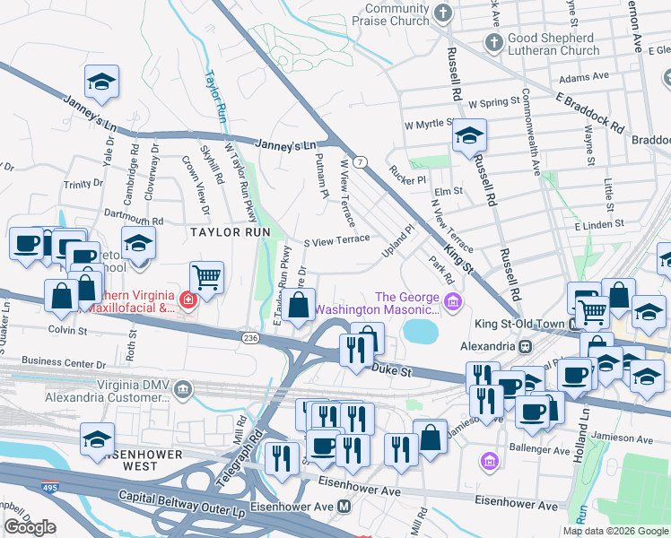 map of restaurants, bars, coffee shops, grocery stores, and more near 719 Upland Place in Alexandria