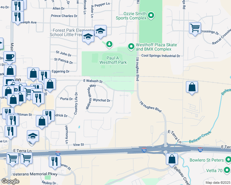 map of restaurants, bars, coffee shops, grocery stores, and more near 200 Wabash Woods Way in O'Fallon