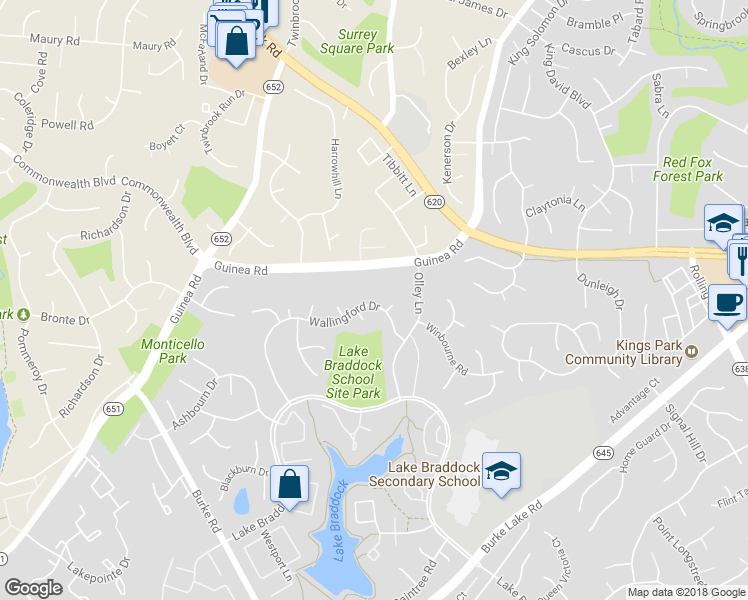 map of restaurants, bars, coffee shops, grocery stores, and more near 9420 Wallingford Drive in Burke