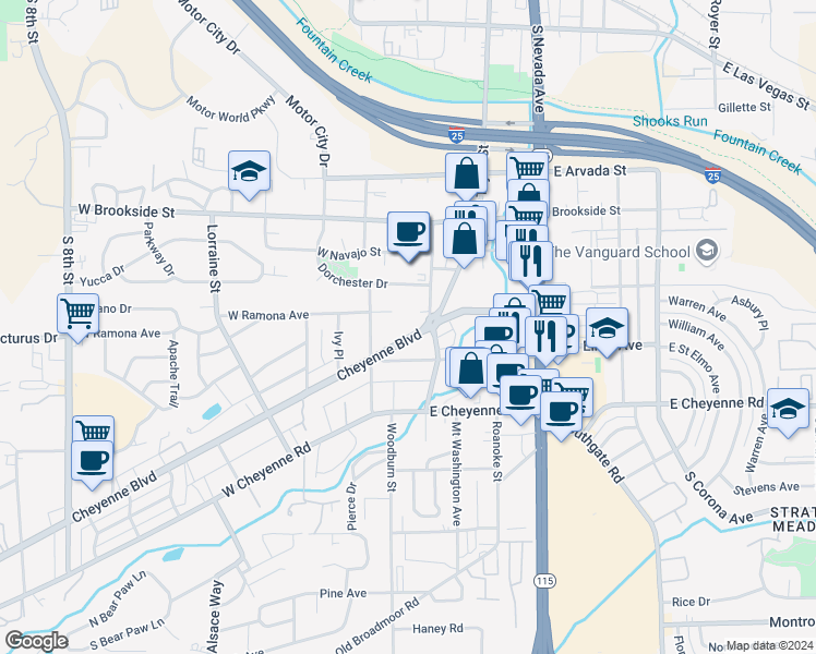 map of restaurants, bars, coffee shops, grocery stores, and more near 20 Cheyenne Blvd in Colorado Springs