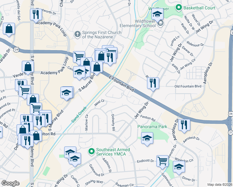 map of restaurants, bars, coffee shops, grocery stores, and more near 4340 East Fountain Boulevard in Colorado Springs