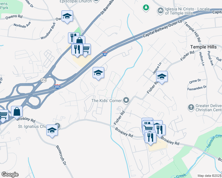 map of restaurants, bars, coffee shops, grocery stores, and more near 5837 Fisher Road in Fort Washington