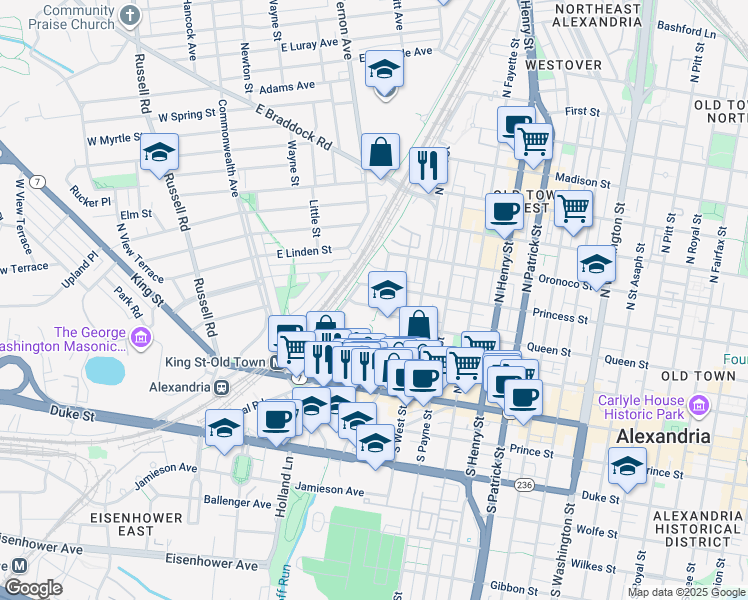 map of restaurants, bars, coffee shops, grocery stores, and more near 1603 Boyle Street in Alexandria