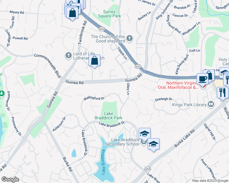 map of restaurants, bars, coffee shops, grocery stores, and more near 9420 Wallingford Drive in Burke