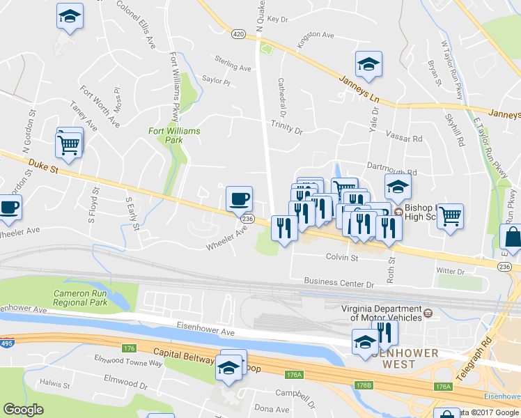 map of restaurants, bars, coffee shops, grocery stores, and more near 25 Arell Court in Alexandria