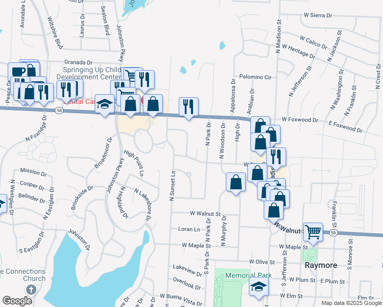 map of restaurants, bars, coffee shops, grocery stores, and more near 608 West Pine Street in Raymore