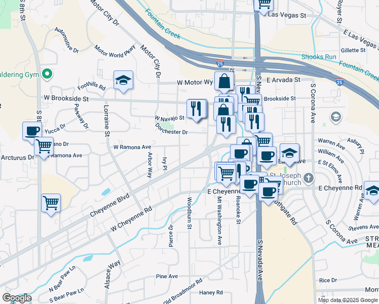 map of restaurants, bars, coffee shops, grocery stores, and more near 20 Cheyenne Boulevard in Colorado Springs