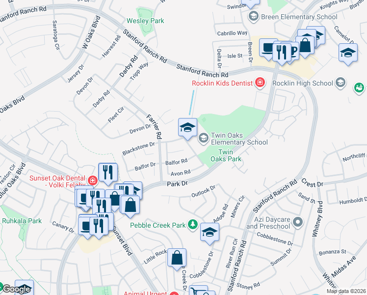 map of restaurants, bars, coffee shops, grocery stores, and more near 2824 Club Drive in Rocklin