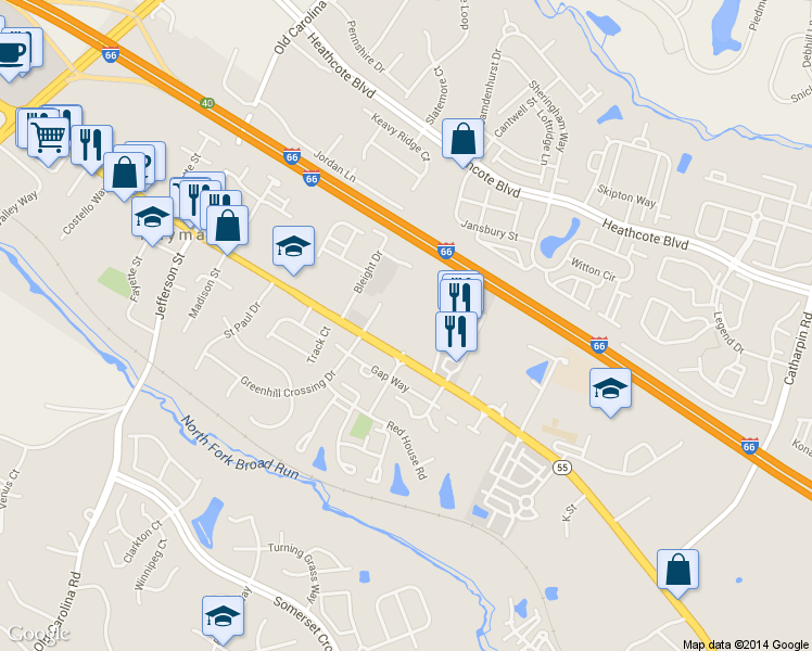 map of restaurants, bars, coffee shops, grocery stores, and more near 14542 John Marshall Hwy in Gainesville