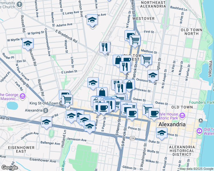map of restaurants, bars, coffee shops, grocery stores, and more near 1308 Princess Street in Alexandria