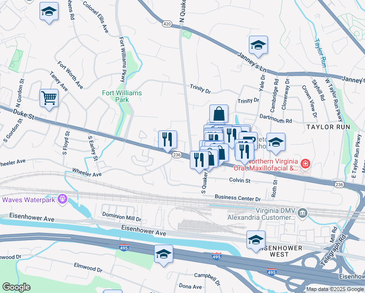 map of restaurants, bars, coffee shops, grocery stores, and more near 25 Arell Court in Alexandria