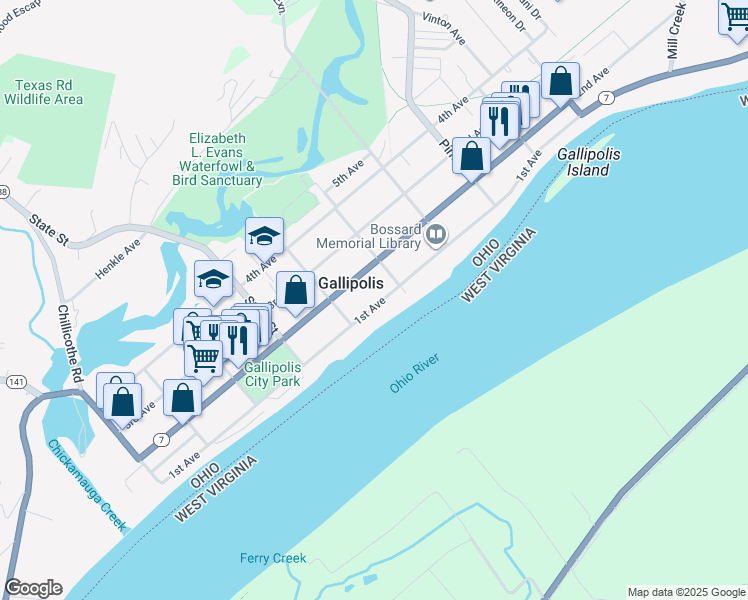 map of restaurants, bars, coffee shops, grocery stores, and more near 530 1st Avenue in Gallipolis