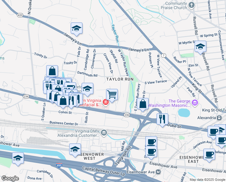 map of restaurants, bars, coffee shops, grocery stores, and more near 201 Longview Drive in Alexandria
