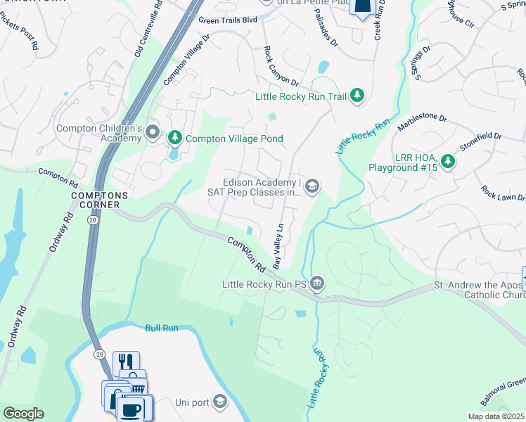 map of restaurants, bars, coffee shops, grocery stores, and more near 6840 Chasewood Circle in Centreville