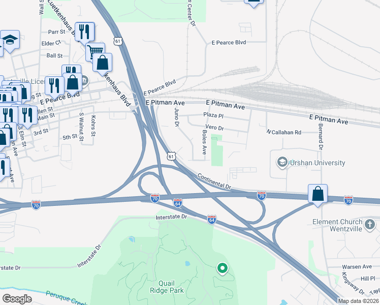 map of restaurants, bars, coffee shops, grocery stores, and more near 38 Juno Drive in Wentzville