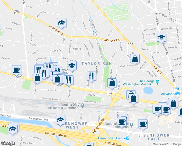 map of restaurants, bars, coffee shops, grocery stores, and more near 201 Longview Drive in Alexandria