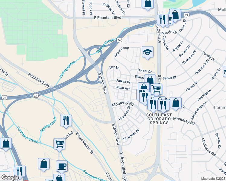 map of restaurants, bars, coffee shops, grocery stores, and more near 2121 Gilpin Avenue in Colorado Springs