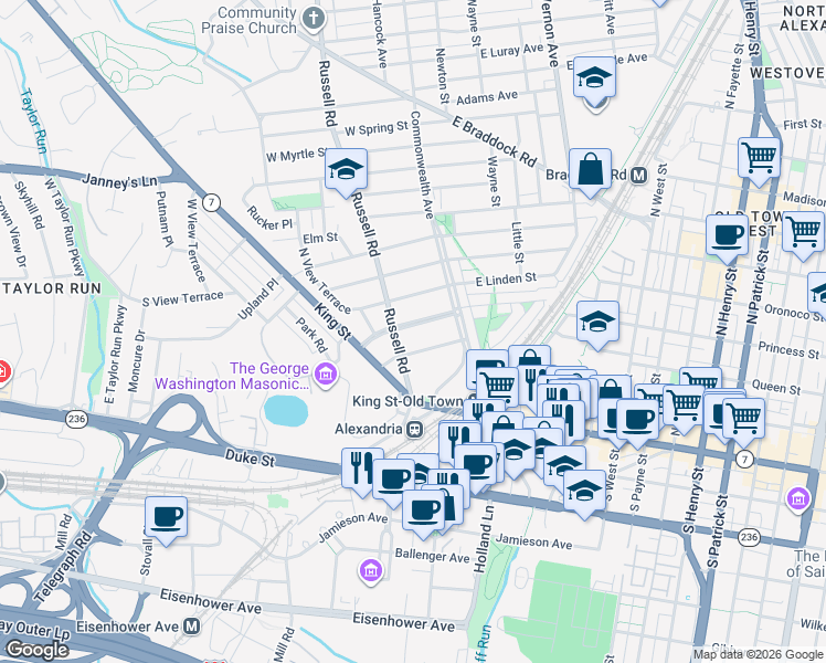 map of restaurants, bars, coffee shops, grocery stores, and more near 18 West Rosemont Avenue in Alexandria