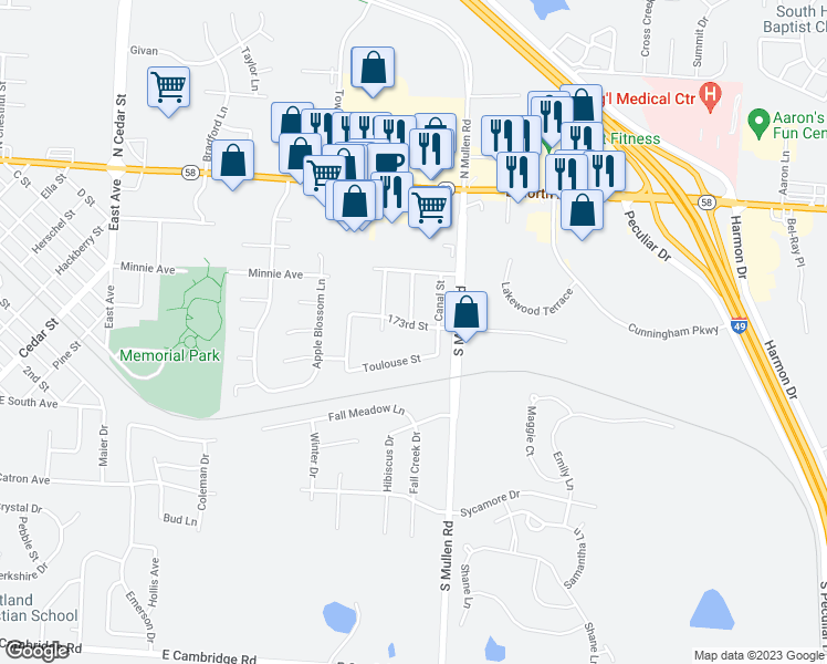 map of restaurants, bars, coffee shops, grocery stores, and more near 1201 173rd Street in Belton