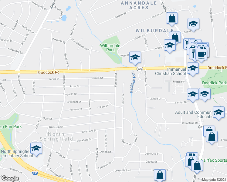 map of restaurants, bars, coffee shops, grocery stores, and more near 5213 Ferndale Street in Springfield