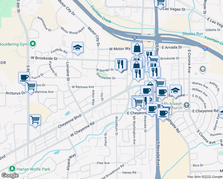 map of restaurants, bars, coffee shops, grocery stores, and more near 1713 Woodburn Street in Colorado Springs