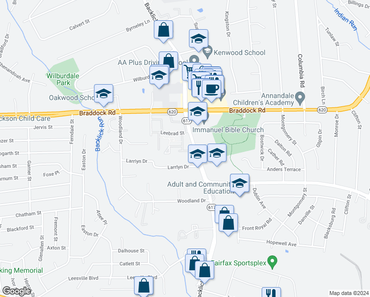 map of restaurants, bars, coffee shops, grocery stores, and more near 5275 Leestone Court in Springfield