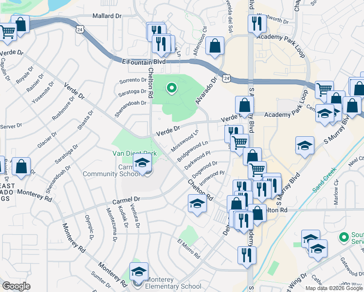 map of restaurants, bars, coffee shops, grocery stores, and more near 3505 Mosswood Lane in Colorado Springs