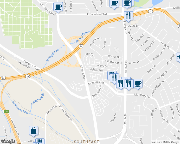 map of restaurants, bars, coffee shops, grocery stores, and more near 2121 Gilpin Avenue in Colorado Springs