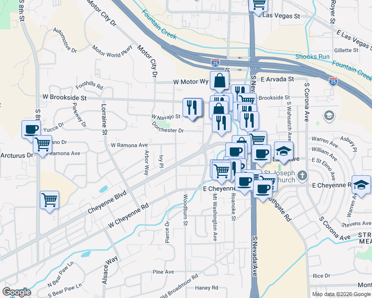 map of restaurants, bars, coffee shops, grocery stores, and more near 20 Cheyenne Boulevard in Colorado Springs