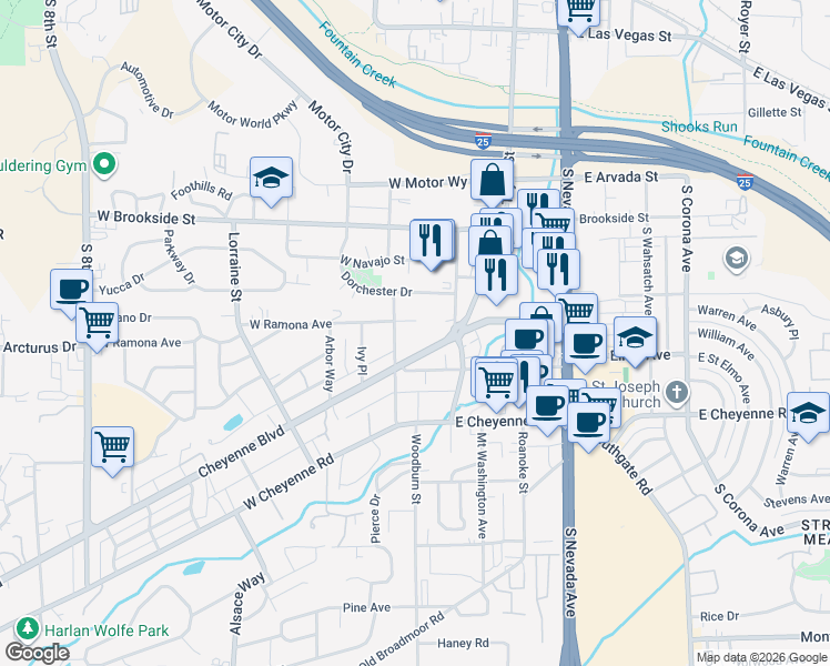 map of restaurants, bars, coffee shops, grocery stores, and more near 20 Cheyenne Boulevard in Colorado Springs