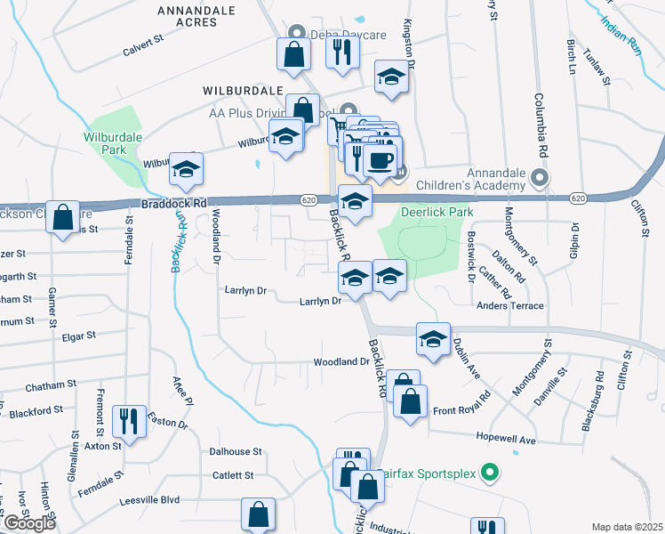 map of restaurants, bars, coffee shops, grocery stores, and more near 5275 Leestone Court in Springfield