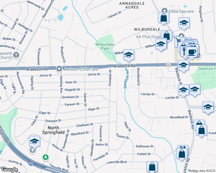 map of restaurants, bars, coffee shops, grocery stores, and more near 5213 Ferndale Street in Springfield