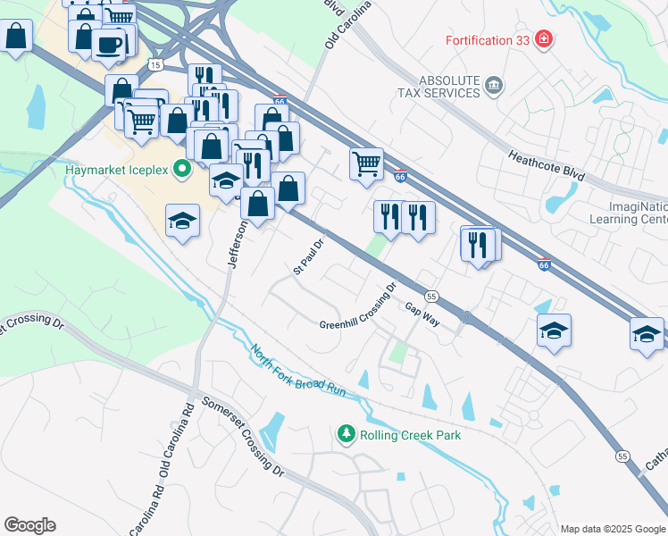 map of restaurants, bars, coffee shops, grocery stores, and more near 14845 Caboose Trail in Haymarket