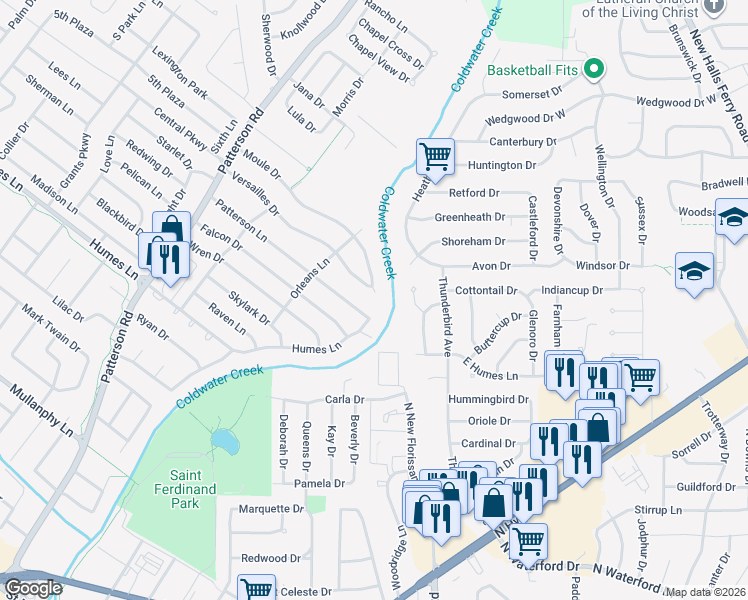 map of restaurants, bars, coffee shops, grocery stores, and more near 205 Moule Drive in Florissant