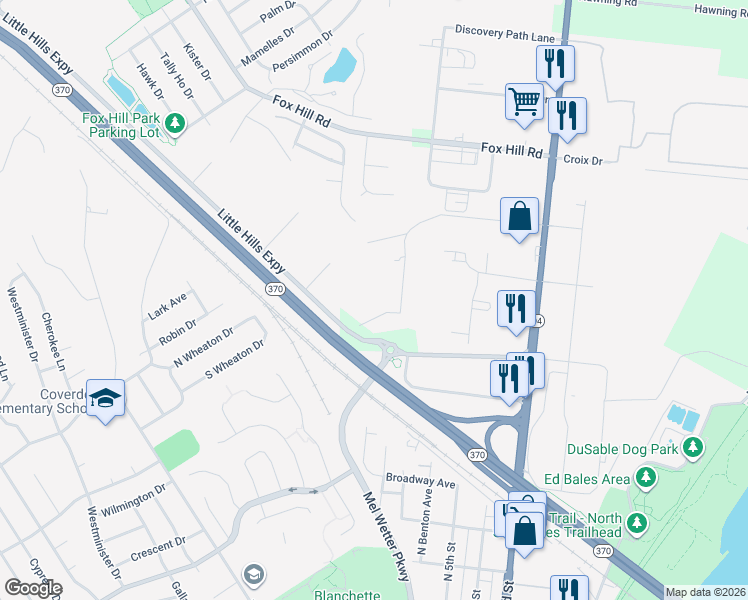 map of restaurants, bars, coffee shops, grocery stores, and more near 700 Riverview Lane in Saint Charles