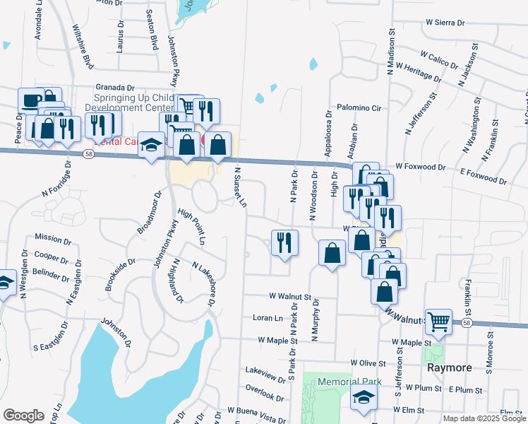 map of restaurants, bars, coffee shops, grocery stores, and more near 608 West Pine Street in Raymore