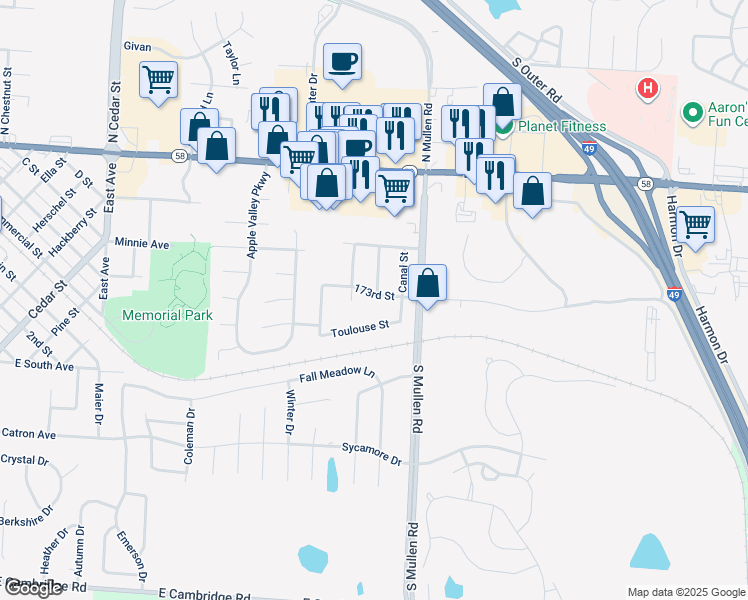 map of restaurants, bars, coffee shops, grocery stores, and more near 1101 173rd Street in Belton