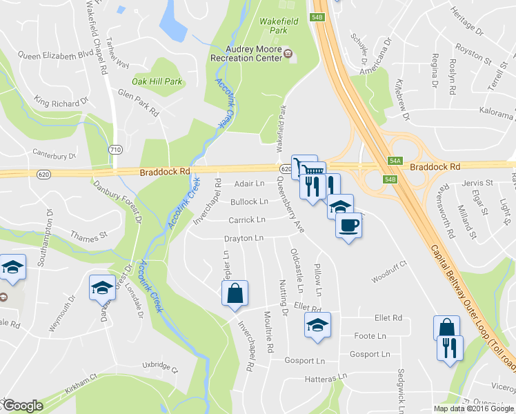 map of restaurants, bars, coffee shops, grocery stores, and more near 8111 Bullock Lane in Springfield