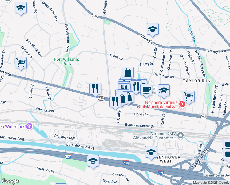 map of restaurants, bars, coffee shops, grocery stores, and more near 3395 Duke St in Alexandria