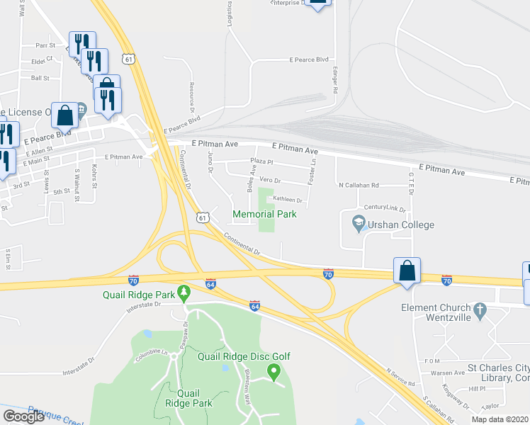 map of restaurants, bars, coffee shops, grocery stores, and more near 1419 Kathleen Drive in Wentzville