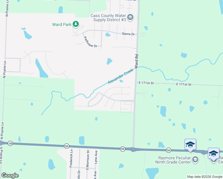 map of restaurants, bars, coffee shops, grocery stores, and more near 2208 Alexander Creek Drive in Raymore